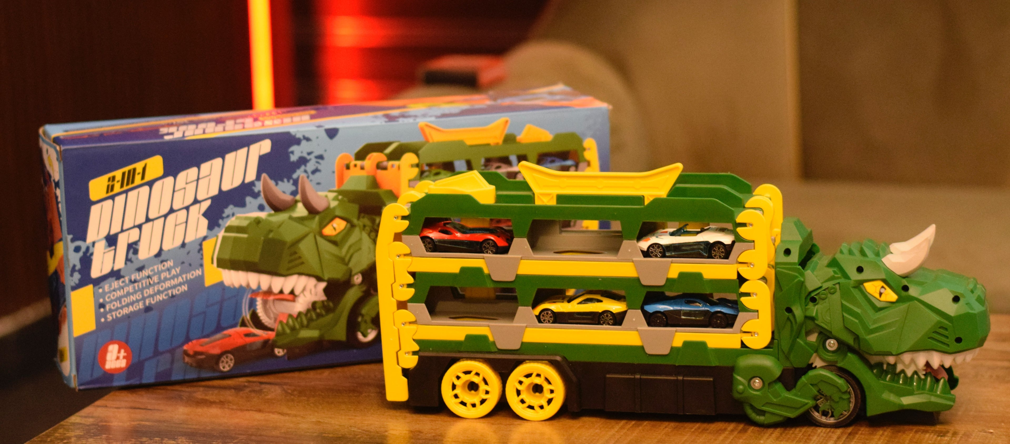 2-in-1 🦖 Dinosaur Truck & Racing Track Set with Metal Cars | Transformable Toy for Kids