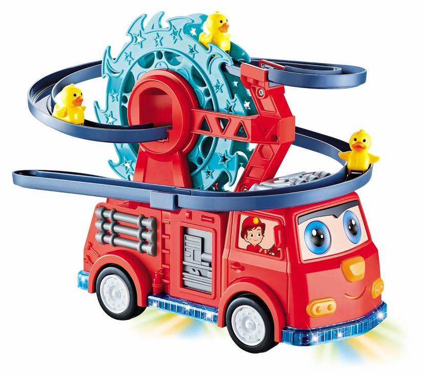 Multifunctional Fire Rail Truck Toy with Duck Swivel Slide | Musical, Lighting & Educational Play for Kids 3+