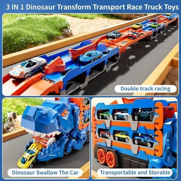 2-in-1 🦖 Dinosaur Truck & Racing Track Set with Metal Cars | Transformable Toy for Kids