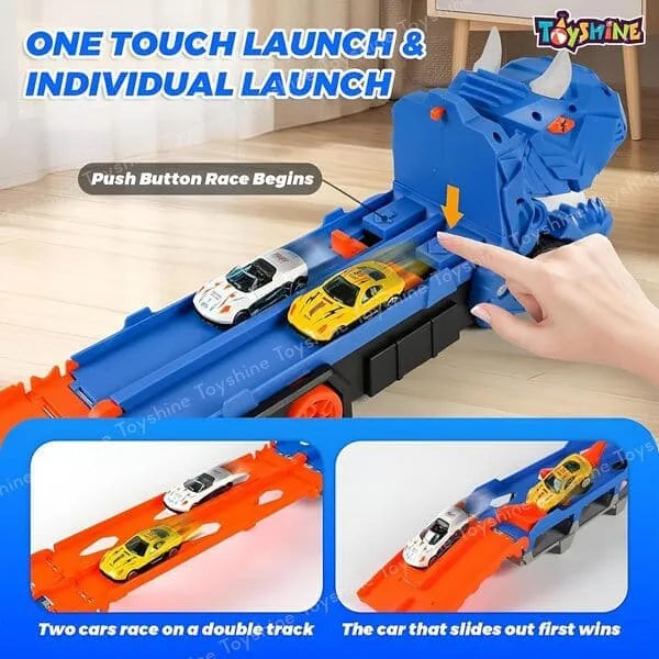 2-in-1 🦖 Dinosaur Truck & Racing Track Set with Metal Cars | Transformable Toy for Kids