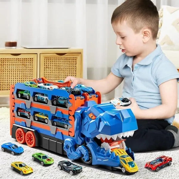 2-in-1 🦖 Dinosaur Truck & Racing Track Set with Metal Cars | Transformable Toy for Kids