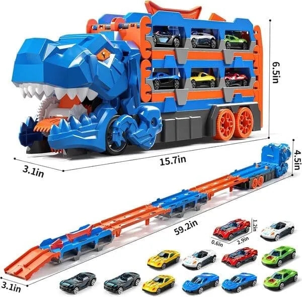 2-in-1 🦖 Dinosaur Truck & Racing Track Set with Metal Cars | Transformable Toy for Kids