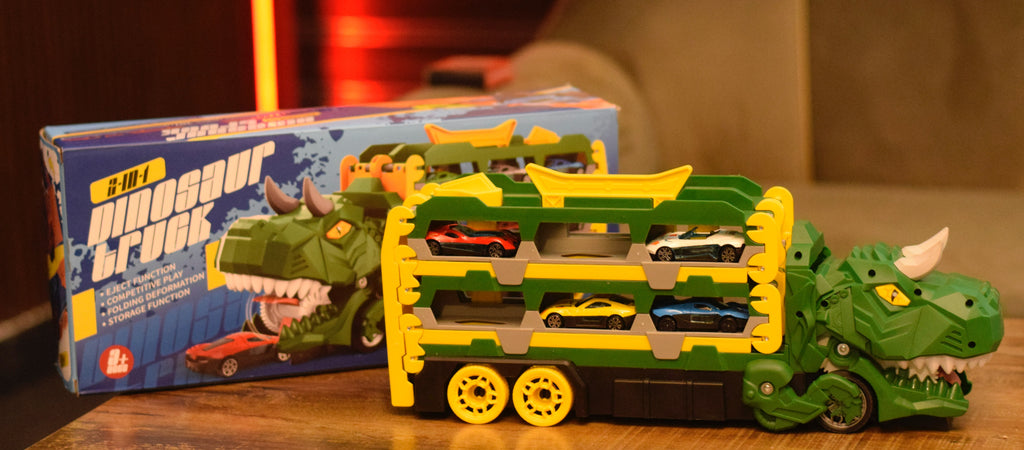 2-in-1 🦖 Dinosaur Truck & Racing Track Set with Metal Cars | Transformable Toy for Kids