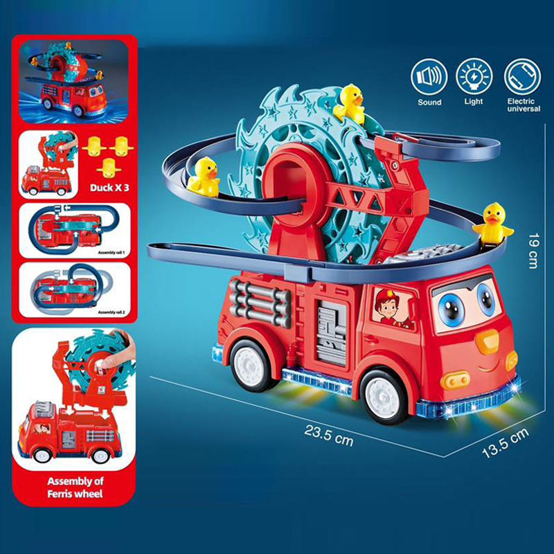 Multifunctional Fire Rail Truck Toy with Duck Swivel Slide | Musical, Lighting & Educational Play for Kids 3+