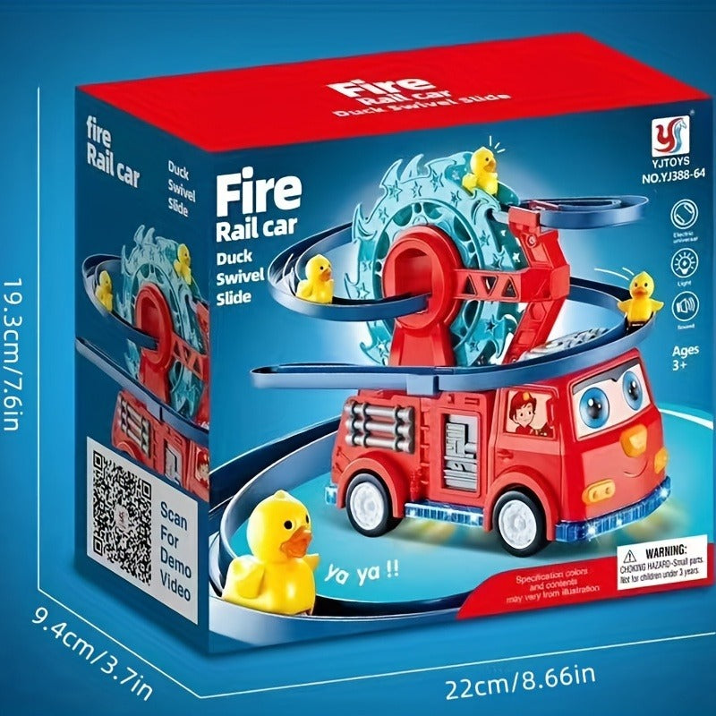 Multifunctional Fire Rail Truck Toy with Duck Swivel Slide | Musical, Lighting & Educational Play for Kids 3+