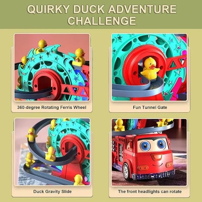 Multifunctional Fire Rail Truck Toy with Duck Swivel Slide | Musical, Lighting & Educational Play for Kids 3+
