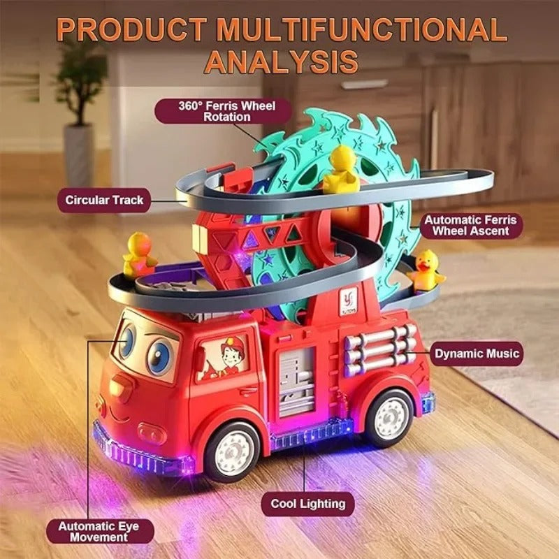 Multifunctional Fire Rail Truck Toy with Duck Swivel Slide | Musical, Lighting & Educational Play for Kids 3+