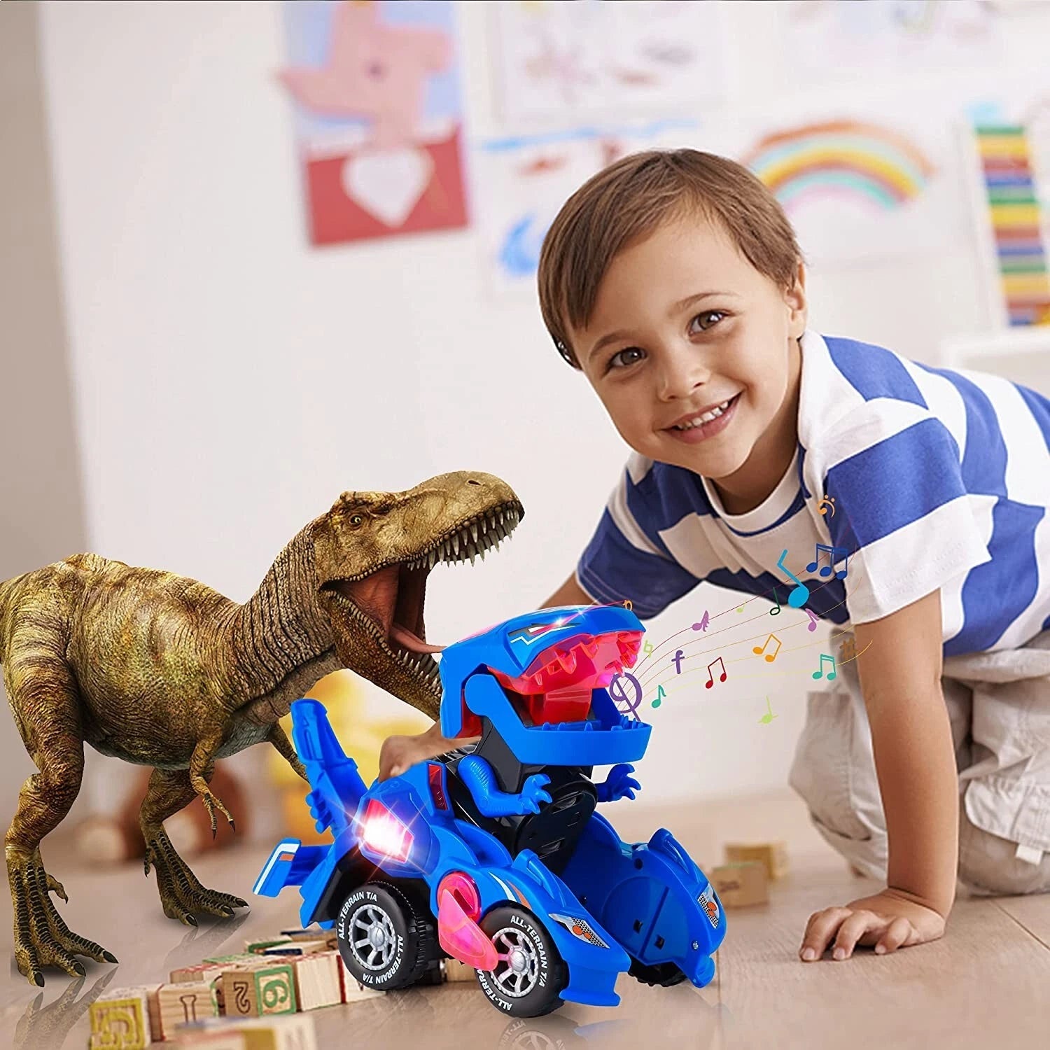 Deform Dinosaur Transforming Toy Car | Auto-Change Robot with Lights, Music & Bump & Go